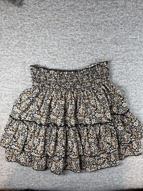 Altar’d State Smocked Tiered Floral Mini Skirt in Black and Mustard Size S